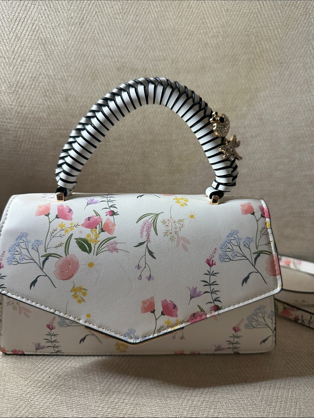 ALDO White Floral Satchel with Striped Wrapped Handle With Butterfly and Bee 🐝 - Picture 12 of 15
